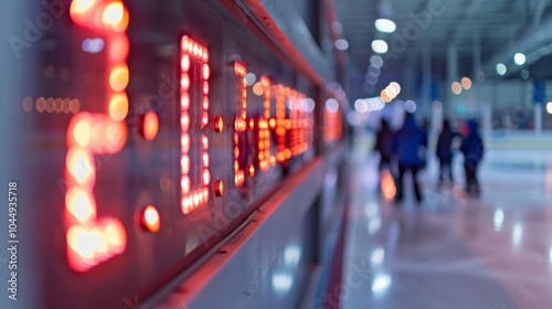 A glimpse of the scoreboard with the current game or skating session time displayed.