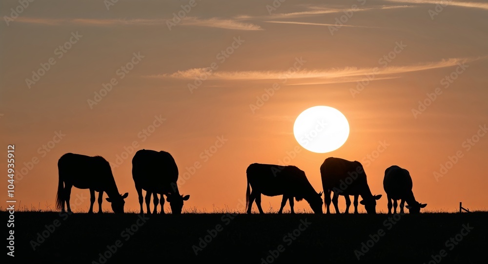 Silhouettes of grazing animals against a setting sun background picturesque scene capturing the tranquility of farm life as day transitions to night