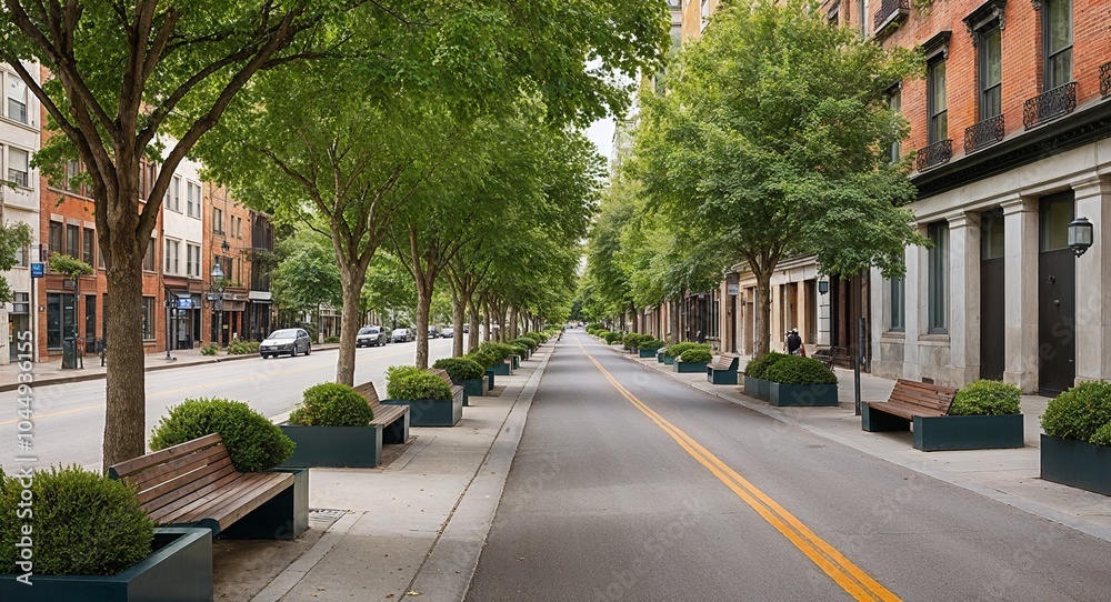 Tree lined street with benches and planters background inviting road adorned with greenery offering a pleasant escape in the bustling city Tree lined street with benches and planters background inviting road adorned with greenery offering a pleasant escape in the bustling city