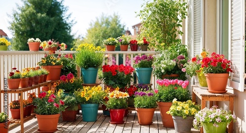 Sunny balcony filled with potted flowers background cheerful display of colorful plants and flowers creating an inviting outdoor space
