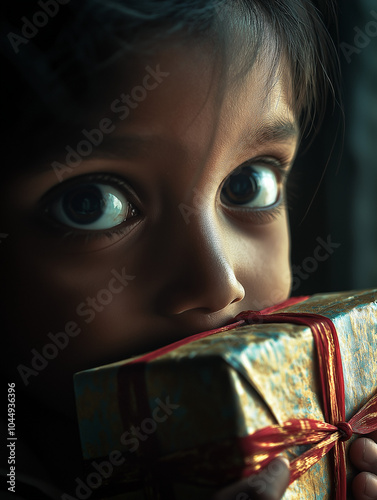 Whispers of Wonder: A Child's Enchanted Eyes Dominate the Frame in Dramatic Light, Their Gaze Fixed Upon a Mysterious Gift Wrapped in Golden Paper and Red Ribbon, Capturing the Silent Magic of Anticip photo