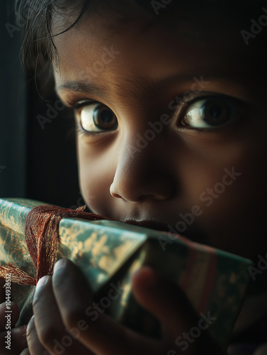 Whispers of Wonder: A Child's Enchanted Eyes Dominate the Frame in Dramatic Light, Their Gaze Fixed Upon a Mysterious Gift Wrapped in Golden Paper and Red Ribbon, Capturing the Silent Magic of Anticip photo