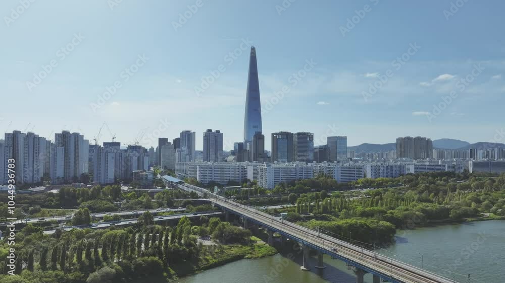 Drone View of Seoul city in South Korea, Jamsil Han River, Summer 60fps