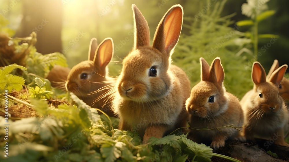 A group of rabbits nibbles on fresh greens in a sunlit glade