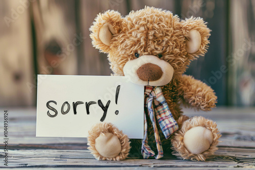 Cute teddy bear with a paper card. Text 