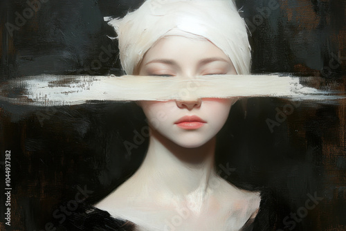 Mysterious portrait of woman with covered eyes in classical painting style