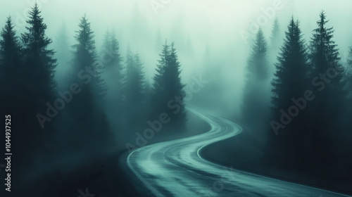 winding road through misty forest creates serene and mysterious atmosphere, inviting exploration and reflection amidst tall evergreen trees