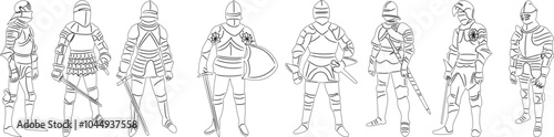 knights with weapons, outline, sketch, vector