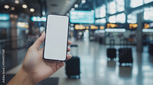 Hand Holding Smartphone with Blank Screen in Airport Terminal