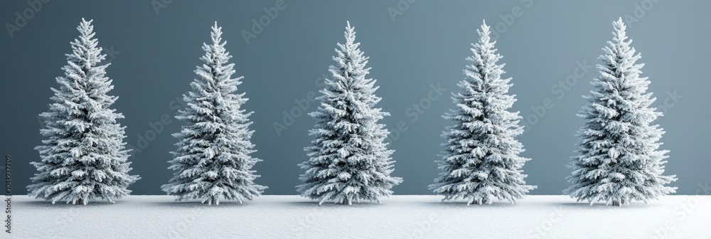 Obraz premium Five Snow-Covered Pine Trees Against a Minimalist Blue Background, A Winter Wonderland Scene