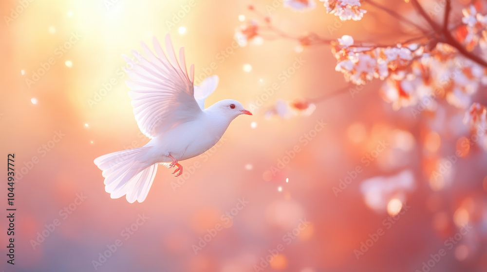 Fototapeta premium white bird gracefully flies among blooming cherry blossoms, creating serene and enchanting atmosphere. soft colors and gentle light evoke sense of peace and tranquility