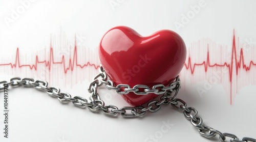 A heart-shaped object wrapped in thick chains, with a faint electrocardiogram heartbeat line glowing faintly, symbolizing restrained emotions or suppressed feelings. photo