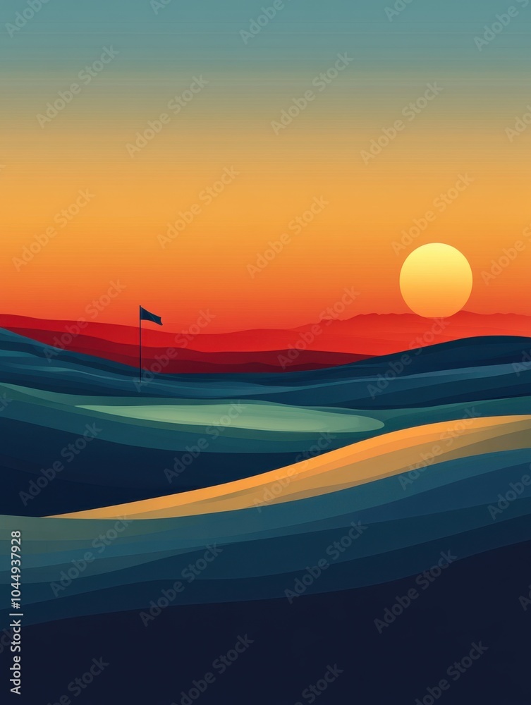 Sunset over a vast landscape with a flag pole Sunset over a vast landscape with a flag pole