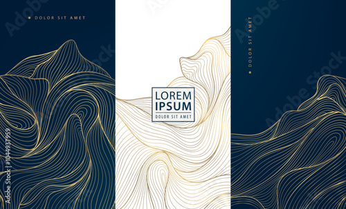 Vector set of line wave gold design, wine luxury labels, fancy cards, japanese graphic elements, art deco perfume package, box, ornament, premium banners.