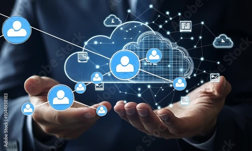 Hands holding a digital cloud symbol with connected icons.