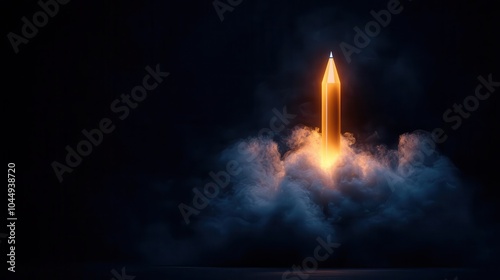 Rocket launch with glowing flame, dark background