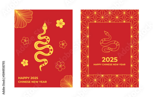 Chinese new year cards. Chinese spring festival greeting cards. 2025 year of the snake. Floral and Asian ornament. Chinese lunar new year banners.