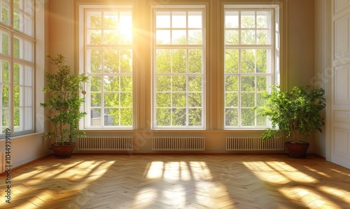 Modern apartment interior with empty space and wooden parquet floor near a window Generative AI