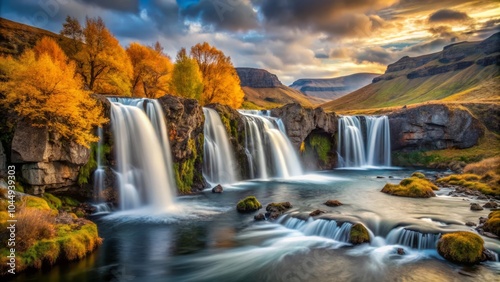 waterfall in golden autumn, amazing calm and simple tranquil and relaxing atmosphere