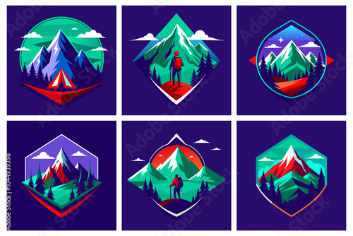 A set of color templates on the theme of camping with mountains and a traveler. photo