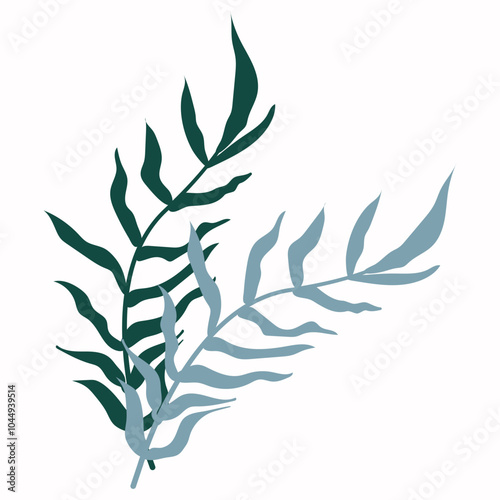 Bouquet of 2 palm branches of blue and black flowers. Flat color design. Vector illustration. EPS 10