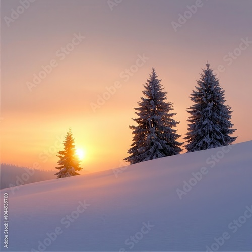 Snowy trees at sunset in winter landscape