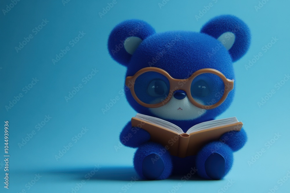 Adorable blue bear with glasses reading book Adorable blue bear with glasses reading book