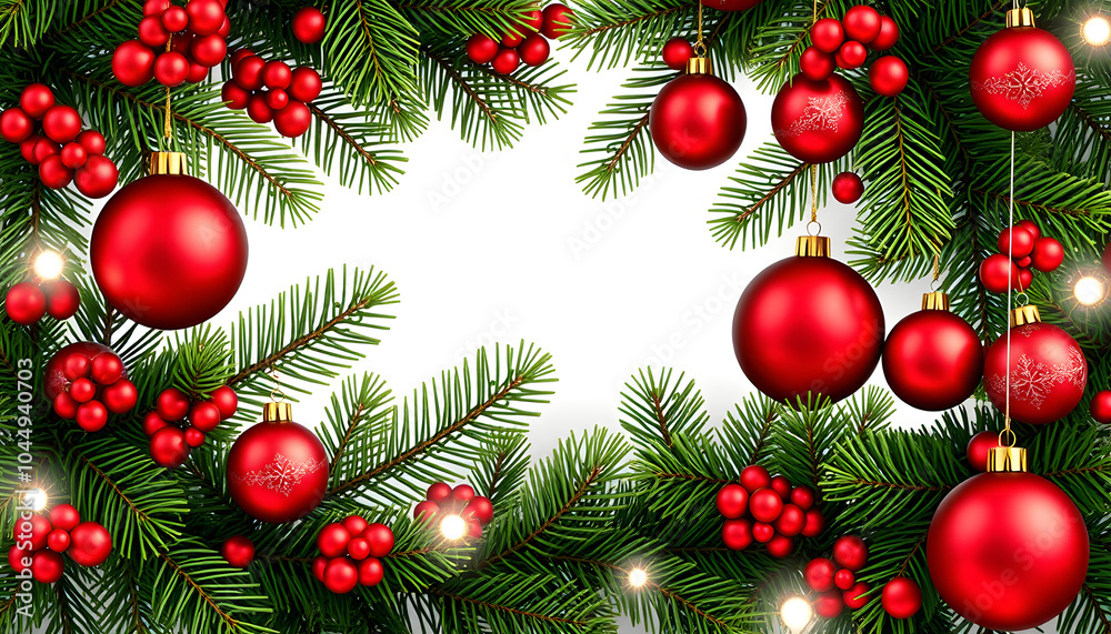 Fir tree branches with red christmas balls frame isolated with white highlights, png Fir tree branches with red christmas balls frame isolated with white highlights, png