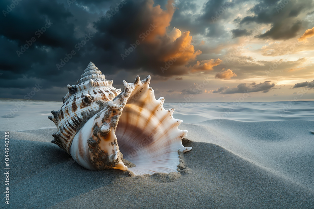 A large conch shell on the sand of a beach under a cloudy sky A large conch shell on the sand of a beach under a cloudy sky