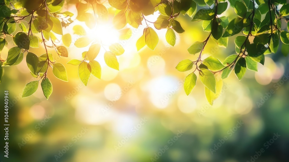 Obraz premium Blurry green trees with sky and sunlight, bokeh effect