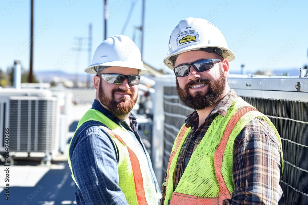 Two HVAC Technicians Inspecting Air Conditioning Units on Rooftop Generative AI Two HVAC Technicians Inspecting Air Conditioning Units on Rooftop Generative AI