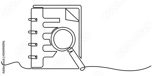 Paper document with magnifying glass one line.Office notes concept.Continuous line drawing of paper sheet document.Business analysis concept, continuous line drawing clipboard with magnifying glass.