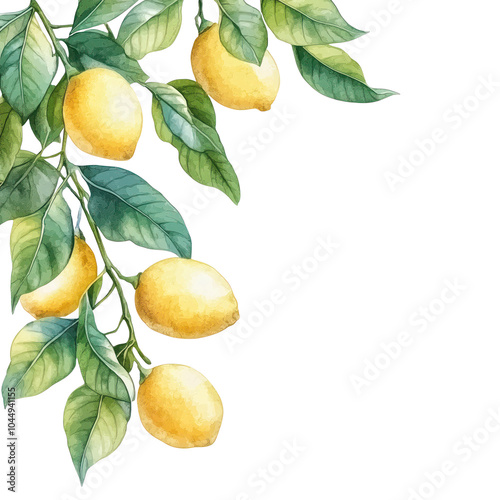 Watercolor lemons. Hand drawing ripe lemon branches with green leaves. Wreath, frame illustration.