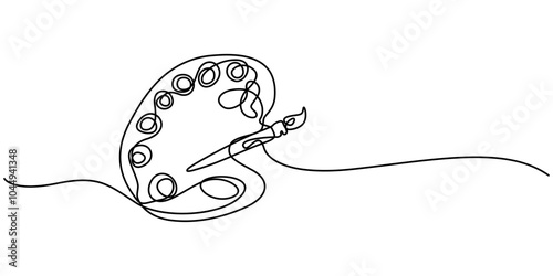 Palette and paint brush continuous one line drawing vector illustration, Palette and paint brush continuous one line drawing vector illustration, brush and painting palette one line drawing vector