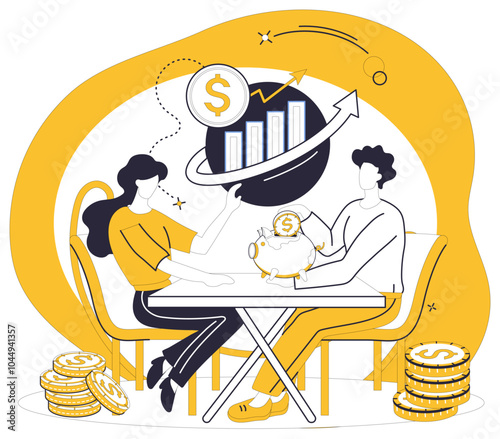 Savings account. A couple seated at a table holds a piggy bank and points to a chart symbolizing financial growth. Ideal for financial planning, investment, budgeting, money management, future