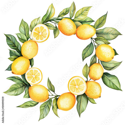 Watercolor lemons. Hand drawing ripe lemon branches with green leaves. Wreath, frame illustration.