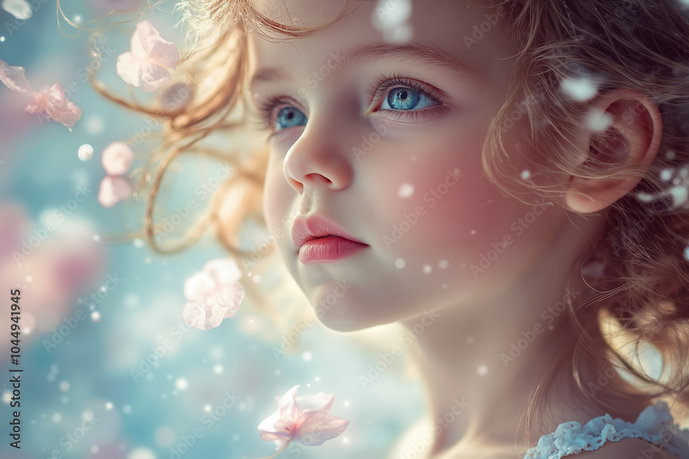 A little girl with blue eyes and flowers in her hair A little girl with blue eyes and flowers in her hair