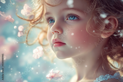 A little girl with blue eyes and flowers in her hair