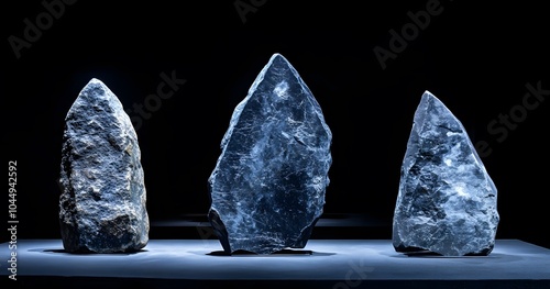 Three Rough-Hewn Stone Points on a White Platform photo