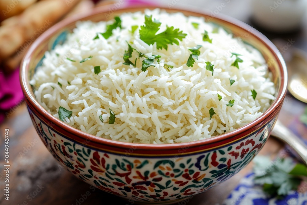 Colorful Indian Bowl of Fluffy White Rice with Garnish, Healthy Meal Concept Generative AI Colorful Indian Bowl of Fluffy White Rice with Garnish, Healthy Meal Concept Generative AI