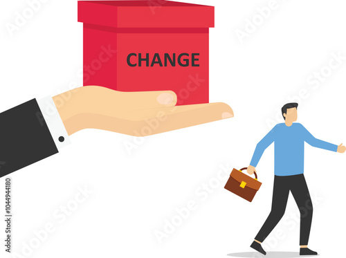 Resistance to risk. Woman rejected change cube box. Fear of change, reluctance to leave comfort. Flat vector illustration

