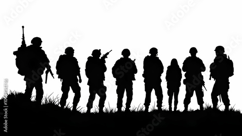 A black and white silhouette of eight soldiers standing in tall grass. They are holding rifles and wearing helmets. The soldiers are facing forward and appear to be standing in formation.