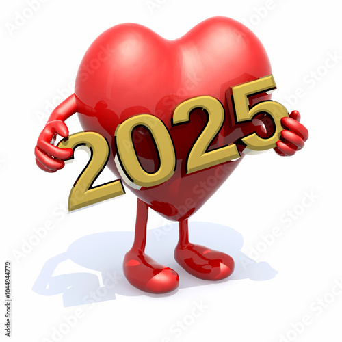 cartoon heart with arms, legs and the 3D inscription 2025
