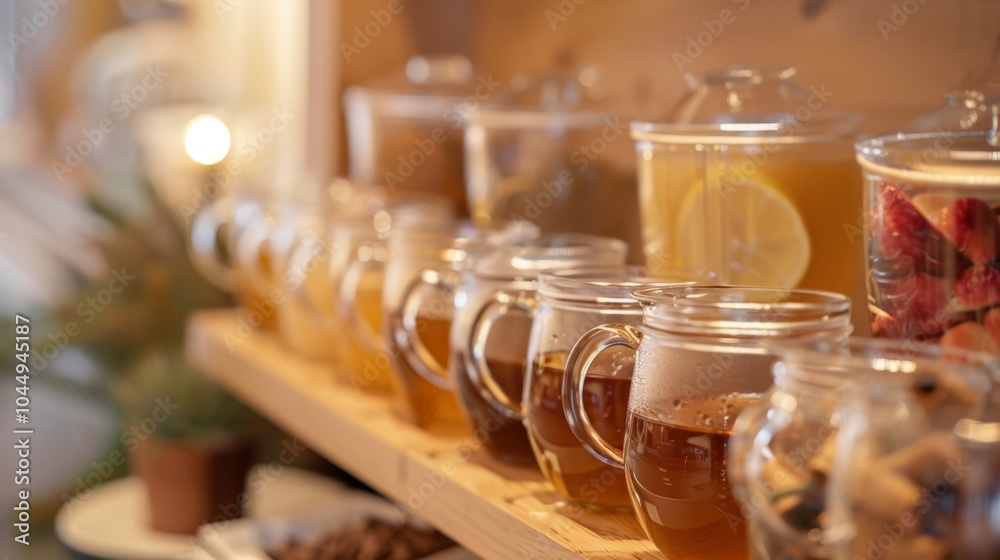 A hot beverage station with a selection of hot cocoa cider and herbal teas. A hot beverage station with a selection of hot cocoa cider and herbal teas.