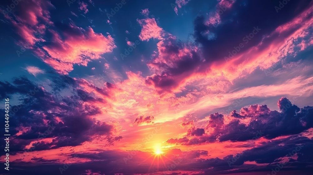 Naklejka premium Dramatic sunset with vibrant clouds in the sky