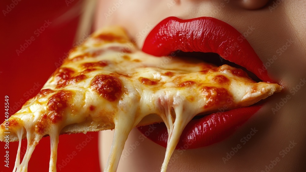 Young woman bites slice of pizza,Happy sexy woman eating pizza with pepperoni and mozzarella cheese red background,hungry woman with junkfood,orders delivery in restaurant,takeaway food. Young woman bites slice of pizza,Happy sexy woman eating pizza with pepperoni and mozzarella cheese red background,hungry woman with junkfood,orders delivery in restaurant,takeaway food.