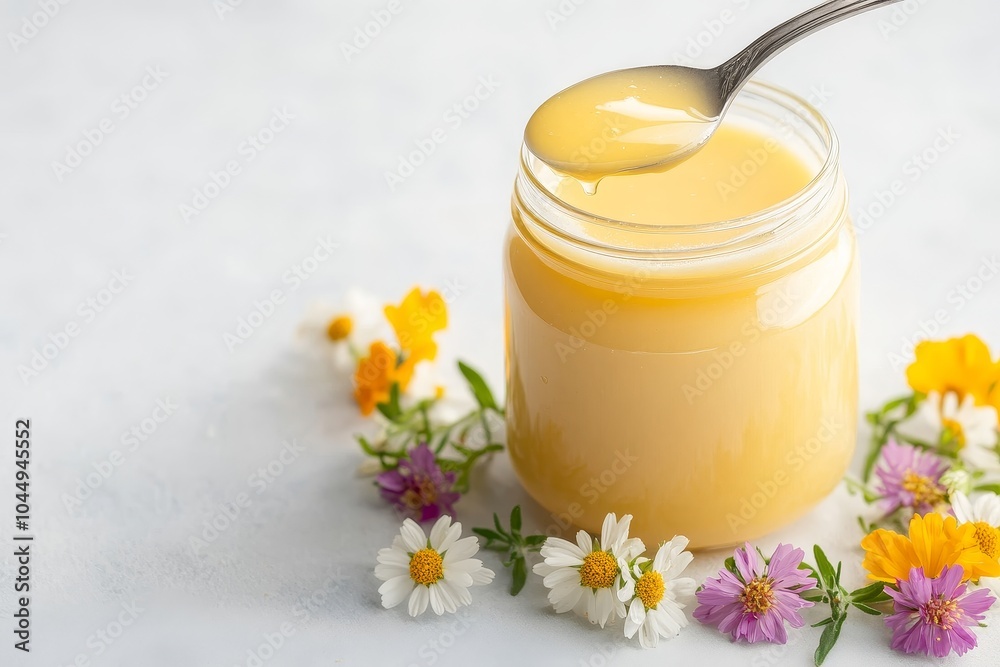 Golden honey in a jar with a spoon, surrounded by colorful wildflowers on a light background Golden honey in a jar with a spoon, surrounded by colorful wildflowers on a light background
