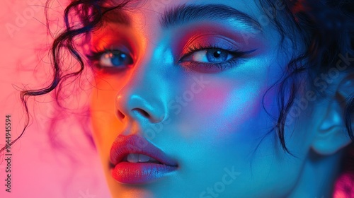 Close-up Portrait of a Woman with Colorful Lighting