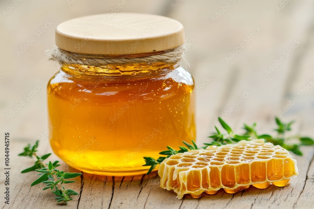 Golden honey jar with fresh honeycomb and herbs displayed on a rustic wooden surface in natural light Golden honey jar with fresh honeycomb and herbs displayed on a rustic wooden surface in natural light
