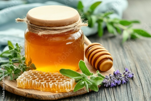 Fresh honey jar with honeycomb and herbs placed on wooden board in natural lighting photo